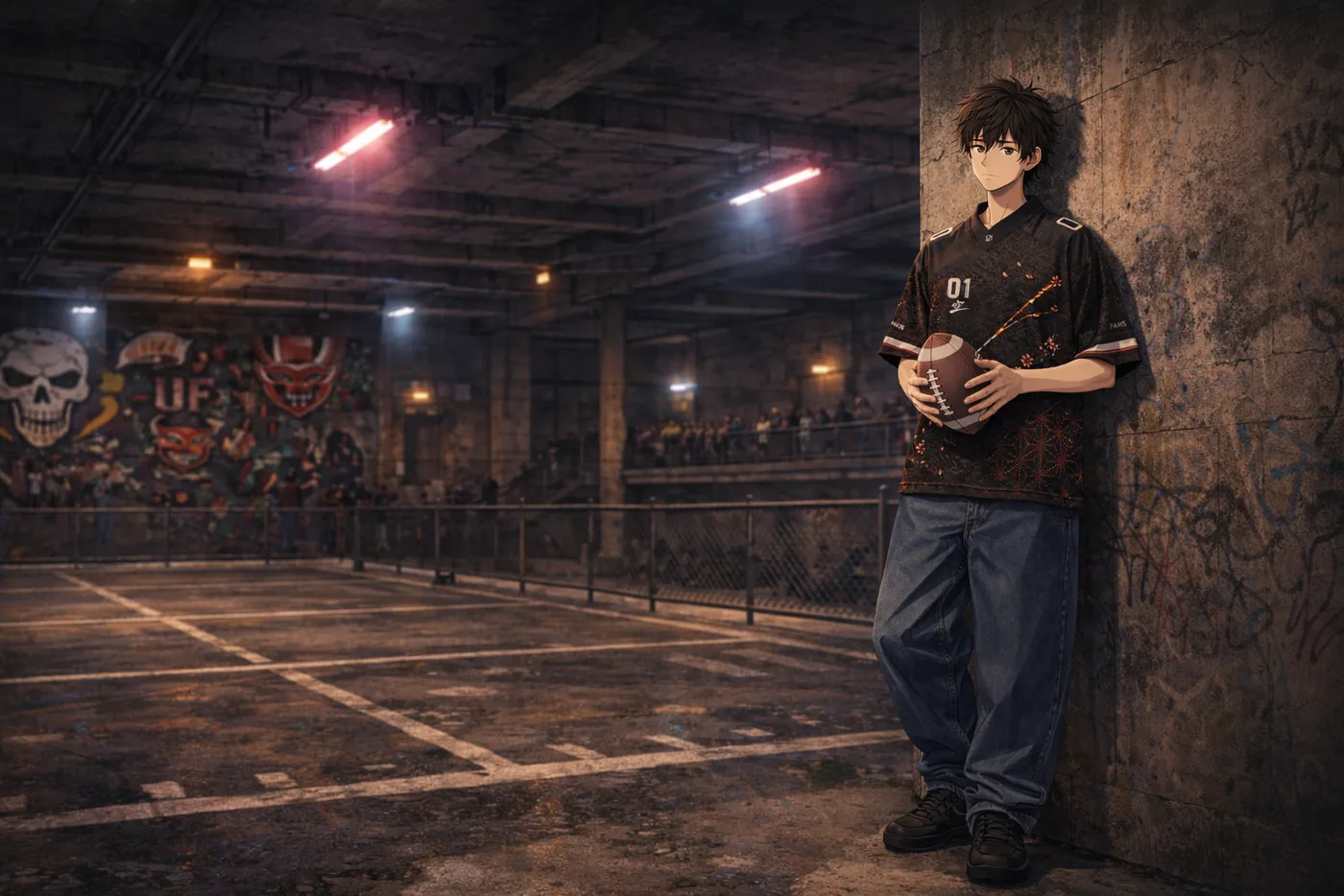 Sora, un ballon de football américain à la main, adossé à un pilier devant le terrain caché de l'underground